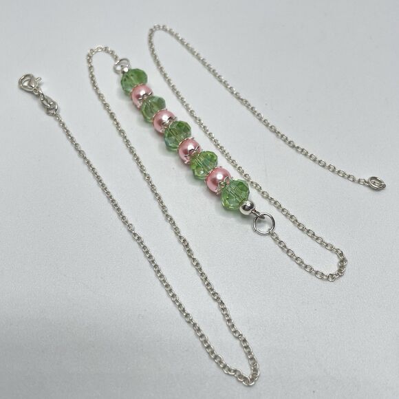 Stunning Pink Green Glass Pearl Beaded Bar Chain Necklace Earrings Bracelet Set - Picture 5 of 8